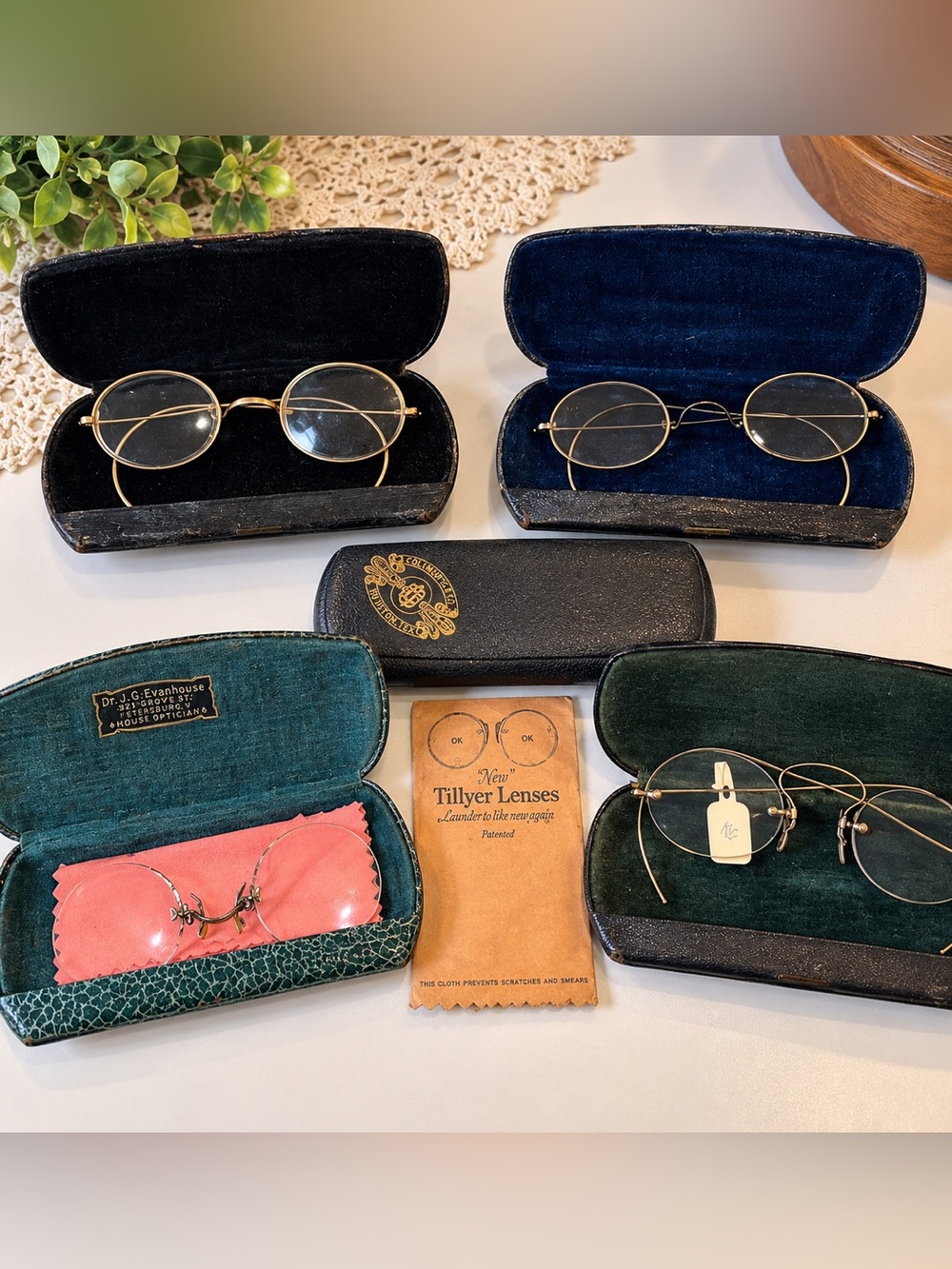 Antique Eyeglasses Lot Wire Rim Spectacles Pince Nez Cases Tillyer Lenses